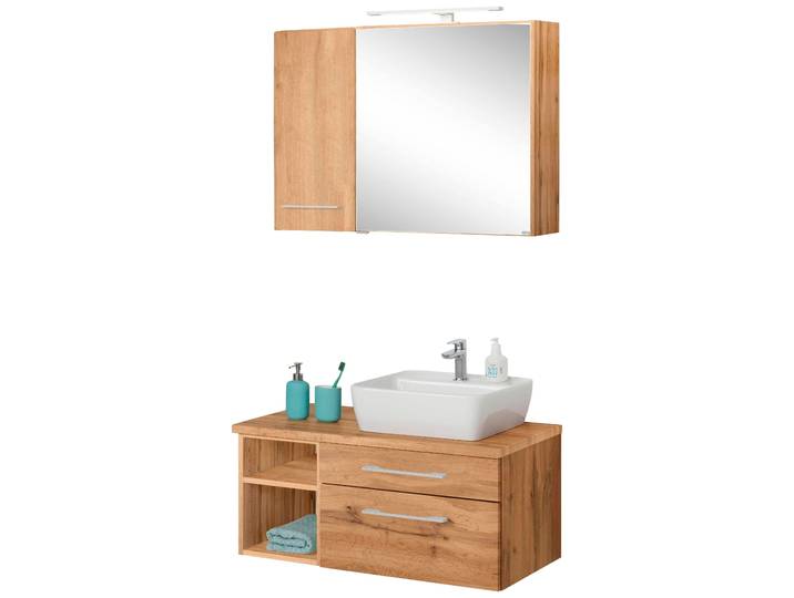 Badmöbel-Set WELLTIME Davos , braun (eichefarben), Becken rechts, Kastenmöbel-Sets, Badmöbel-Set, Spiegelschrank mit extra Regal