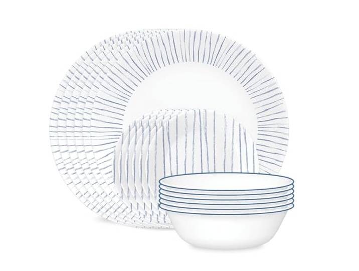 Corelle 18-teiliges Geschirr-Set, Service für 6 Personen, leichtes rundes Teller- und Schüssel-Set, Vitrelle 3-lagiges Glas, splitterfest, mikrowellen- und spülmaschinenfest, nautische Streifen, Blau