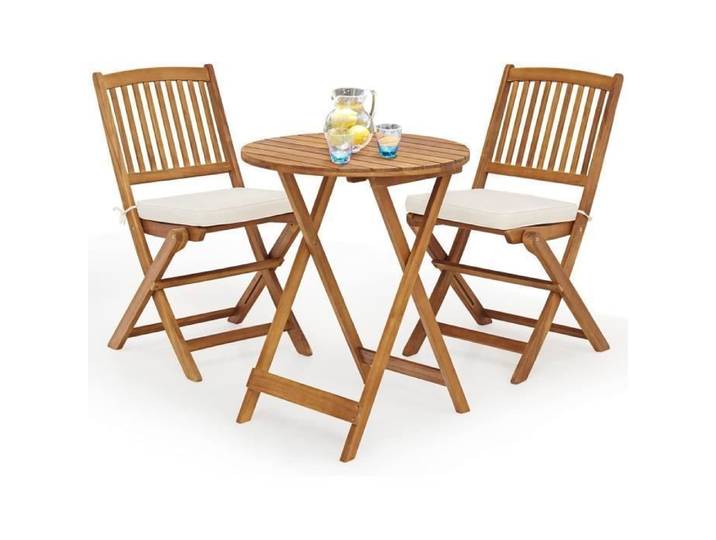 GOPLUS 3PCs Ensemble de Bistro Table et Chaise de Jardin Pliantes 2Coussins+2 Chaises+1 Table Bois d'Acacia Meuble de Jardin en