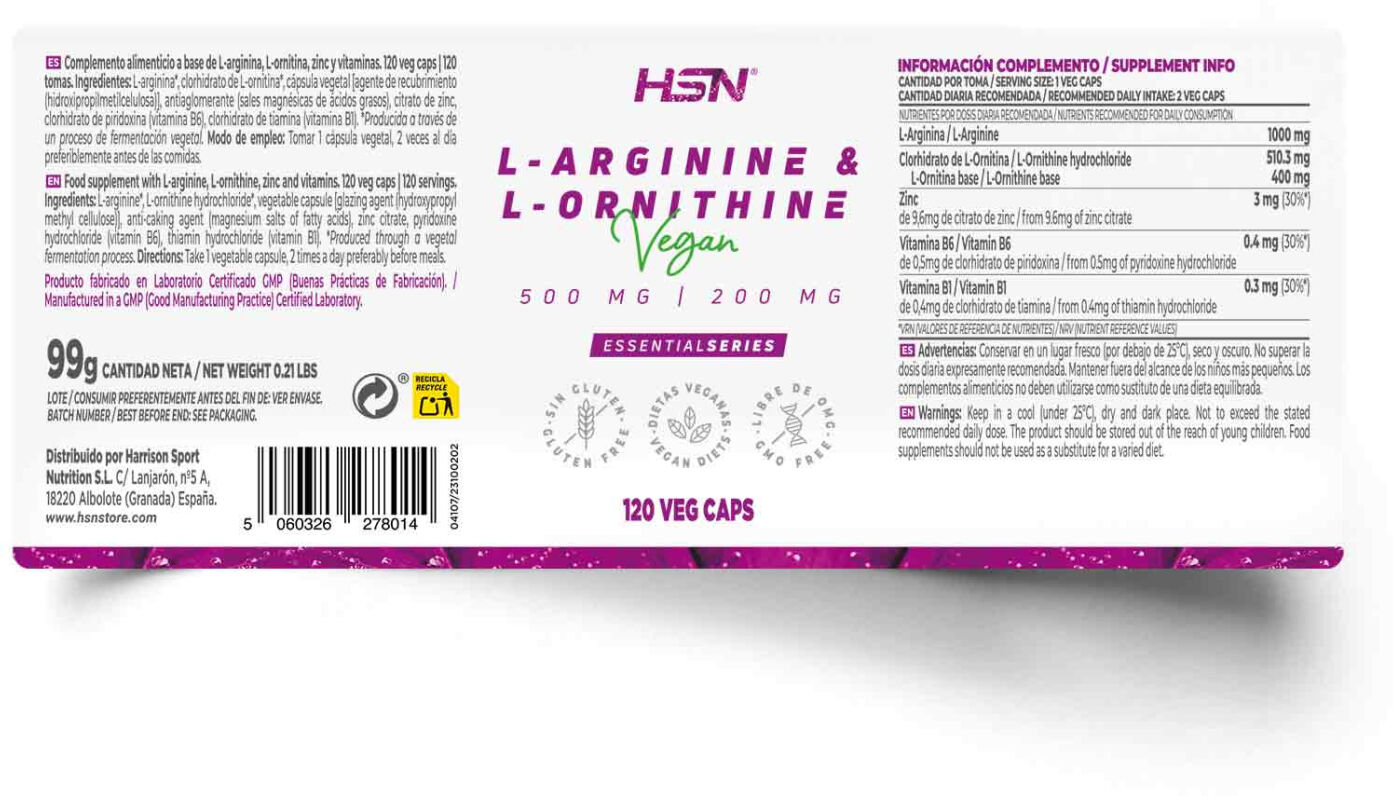 HSN L-arginina + L-ornitina 500mg/200mg - 120 veg caps - Pre-Entrenamiento - Cápsulas Vegetales - 120  Servicios