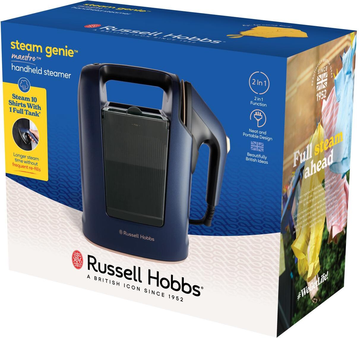 Dampfbürste RUSSELL HOBBS "27600-56", blau, B:19,7cm H:34,6cm T:42,7cm, Bügeleisen, Dampfbürste, Dampfbürste, mit Keramik-Bügelsohle, 2-in-1 Design, 1.700 Watt blau Einheitsgröße