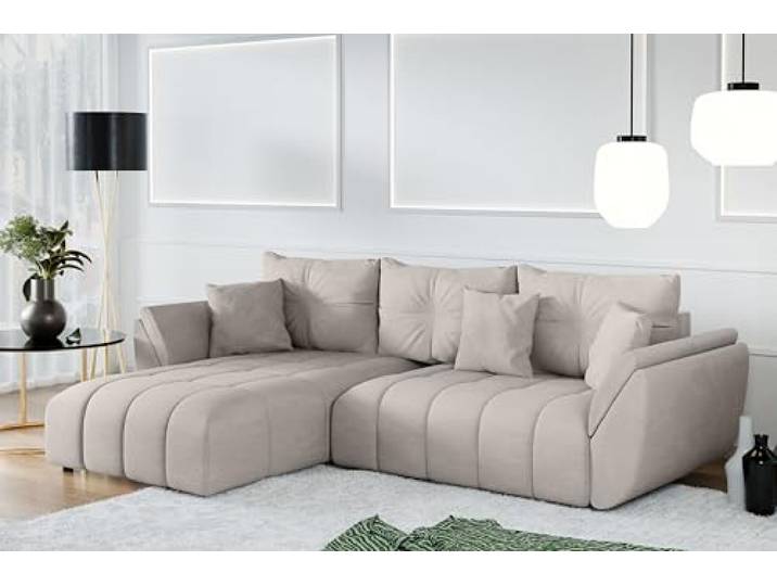 AX Living Ecksofa mit Schlaffunktion Verciani L Sofa Beige 280 cm Eckschlafcouch mit Bettkasten. Wohnlandschaft L Form mit komfortabler Schlaffunktion. Liegefläche von 235x133 cm.