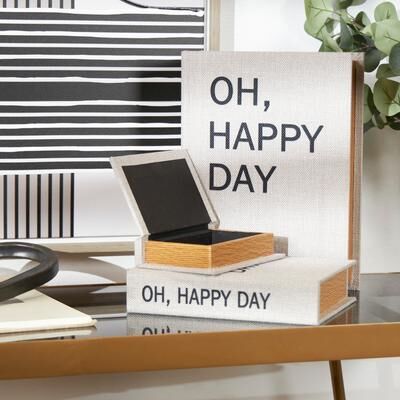 ARCILLA ELEMENTAL Light Gray Linen Fabric Storage Book Decorative Box with Typography and Gold Page Inspired Detail (Set of 3)