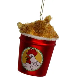 Christbaumschmuck Glas 10cm Hähnchen im Eimer Figur Handbemalt mit Glitzer Weihnachtsbaum Anhänger Christbaumanhänger Weihnachtsbaumschmuck Essen Rot