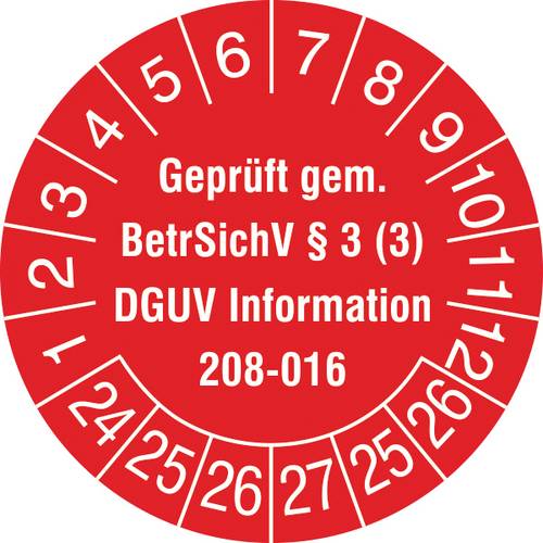 SafetyMarking 30.C2170.24-29 Prüfplakette Geprüft gem. BetrSichV §3 (3), DGUV Information 208-016 2024-2029 Rot/Weiß Folie