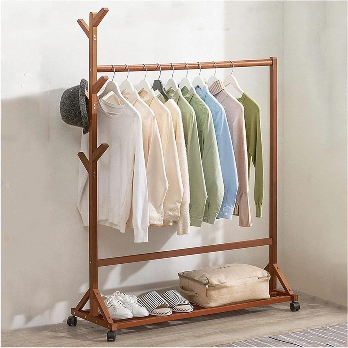 Multifunctioneel bamboe kledingrek met wielen en schoenenbank organizer, Bruin, Breedte: 80 cm