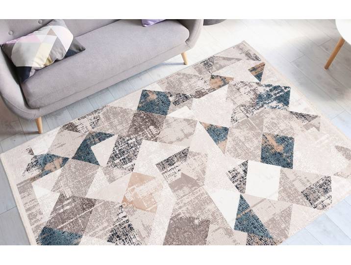 Teppich ME GUSTA Akropolis 225 , blau (grau, blau), B:80cm H:12mm L:150cm, Polyester, Teppiche, Teppich, flacher Teppich mit Baumwollrücken, attraktiver Vintage-Look