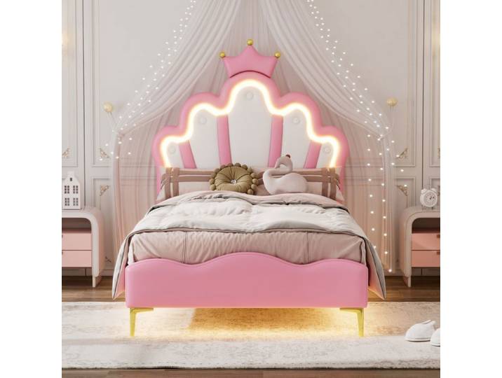 Lit enfant 90x200 cm - LUMINARIX - Lit de princesse avec LED - Couronne - Rose - Hauteur réglable