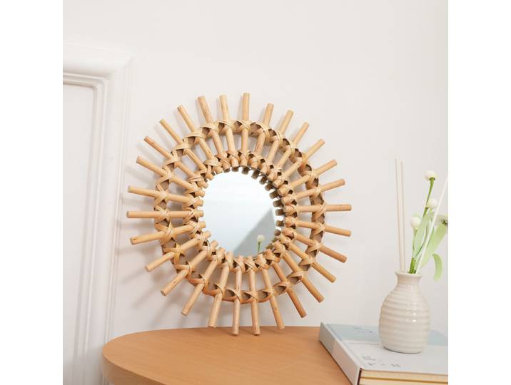 Miroir mural Boho en rotin, art mural Sunburst tissé à la main, miroirs décoratifs ronds rustiques pour salon, chambre à coucher, décoration de la maison