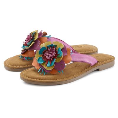 Pantolette LASCANA "Sommerschuh, offener Schuh, Mule, Sandale", Damen, Gr. 37, bunt (lila, gelb, orange, türkis), Obermaterial: 100% Schafsleder. Decksohle: 100% Schafsleder. Futter: 100% Schafsleder. Laufsohle: 100% Synthetik, mehrfarbig, Schuhe...