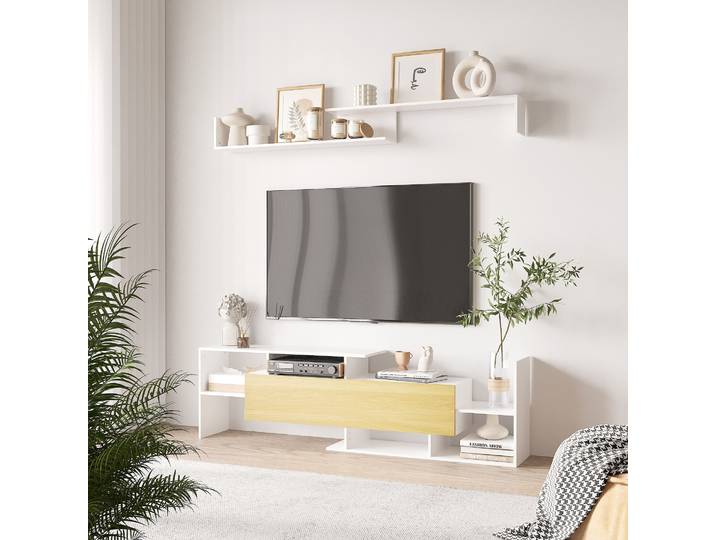 HOMCOM Meuble TV Banc et Étagère Murale Blanc Bois 153,6H cm