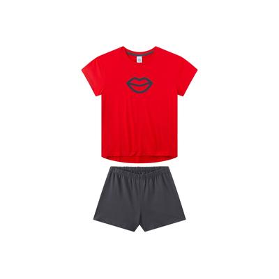 Schlafanzug SANETTA "Pyjama Pyjama Teenager Kiss kurz", Mädchen, Gr. 152, bunt (schwarz, rot), Obermaterial: 100% Baumwolle CO., Homewear-Sets Schlafanzug