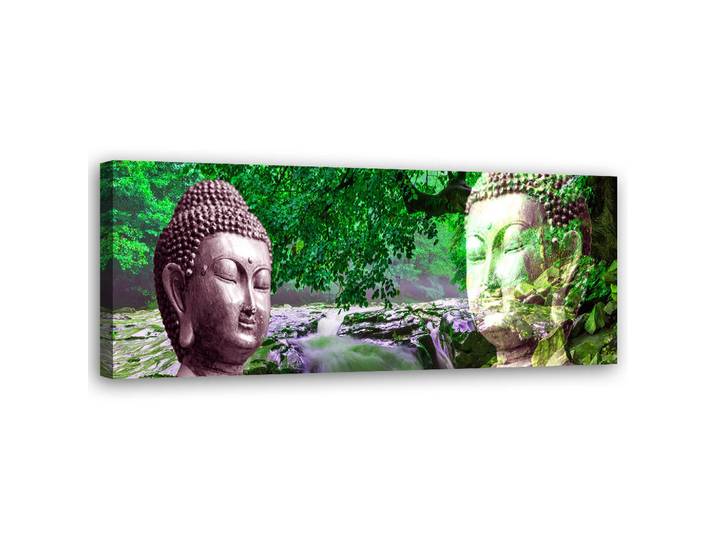 Feeby Wandbild buddha gesicht im wald, Grün, Orientalisch, Rechteckig, 90x30 cm, Bilder & Rahmen, Bilder, Leinwandbilder