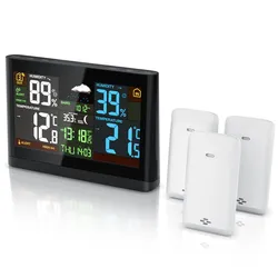 BEARWARE Wetterstation, Funk, Farbdisplay, 3 Außensensoren, DCF-Signal, Luftdruck, Barometer, Wetterprognose, Netzteil, Anleitung