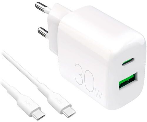 Puro Carregador 2x USB-A / USB-C  Prolite 30W + Cabo USB-C   1,2 M - Branco