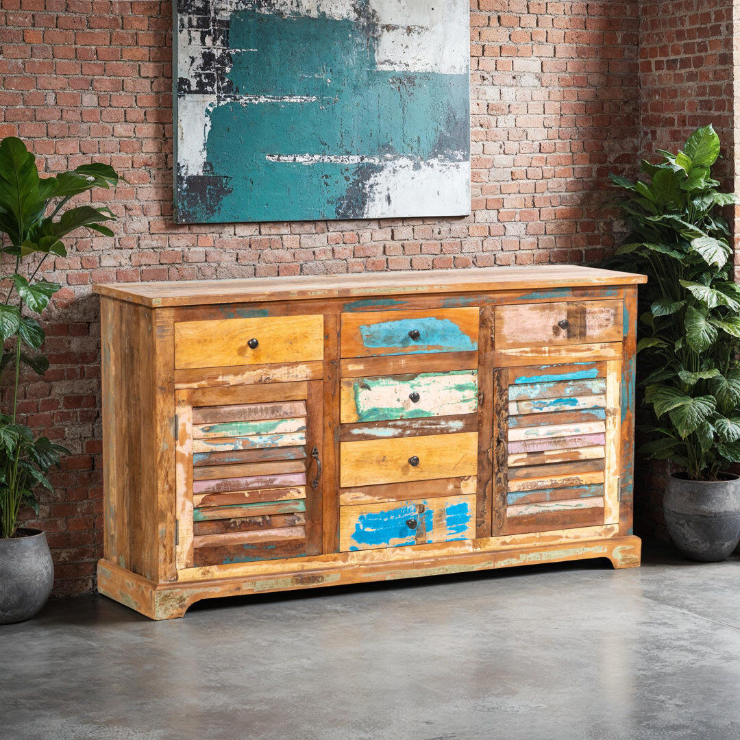 Natur Pur Ranjit 154cm Solid Wood Large Sideboard Drawer For Living Room By Taylors Creative White;Brown;Blue;Yellow 85cm H X 154cm W X 40cm D