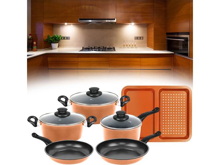 Kochtopf-Set mit Glasdeckel, 9-teilig, mit Backblech, kupfer