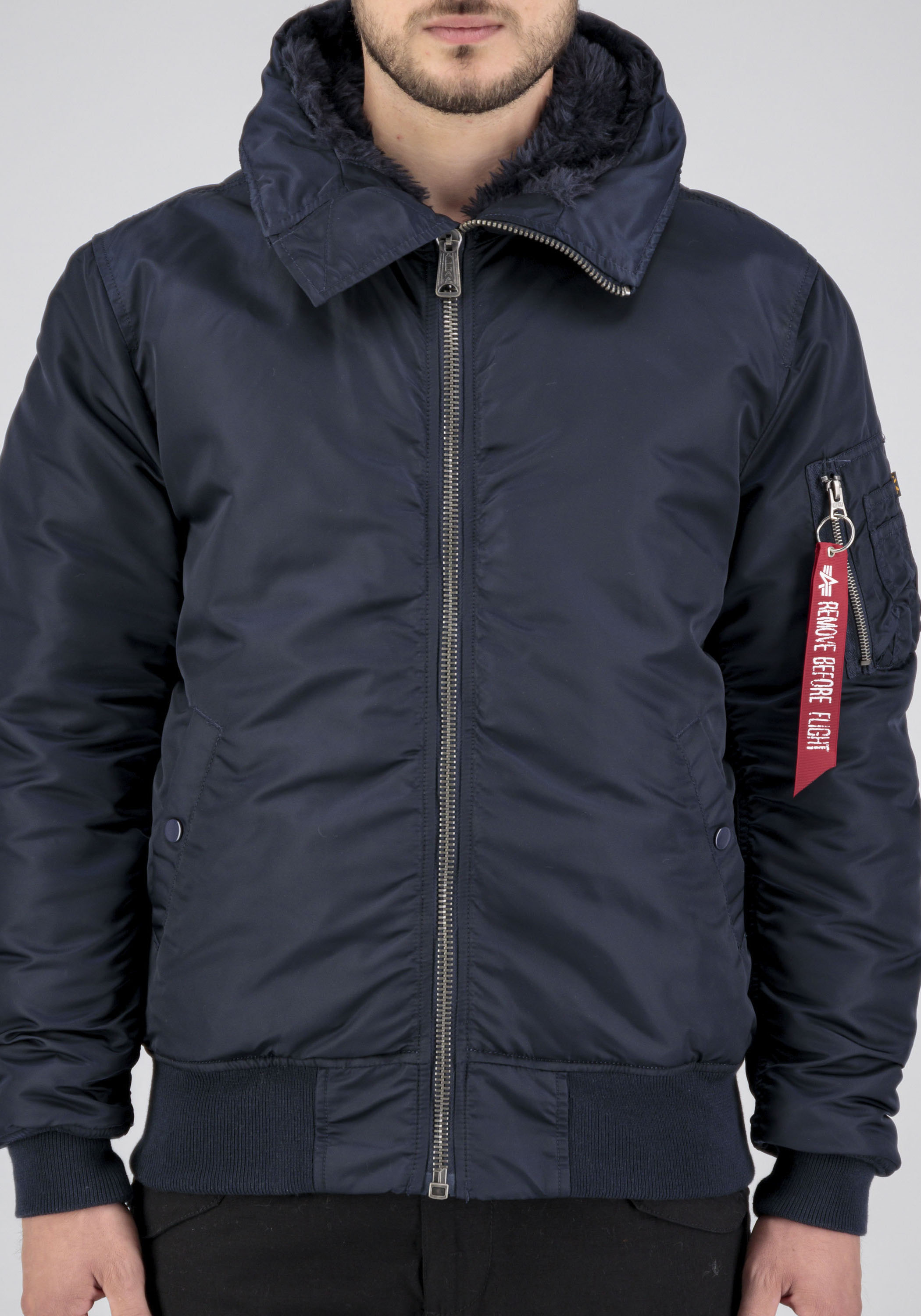 Bomberjacke ALPHA INDUSTRIES "MA-1 HOODED", Herren, Gr. L, blau (replica blau), Web, Obermaterial: 100% Nylon. Futter: 100% Nylon. Wattierung: 100% Polyester, unifarben, schmal normal, Strickbund, Jacken Bomberjacke replica blau L