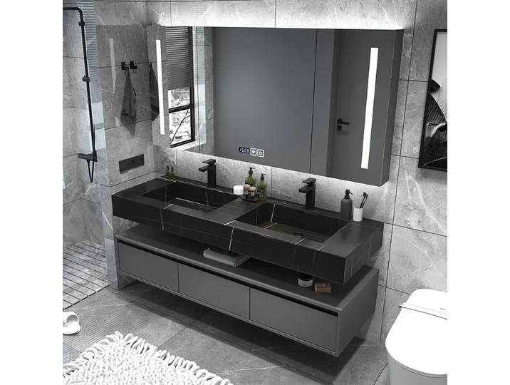 Meuble-lavabo de salle de bain avec double vasque en céramique intégrée, combinaison de rangement et miroir intelligent, mobilier de salle de bain