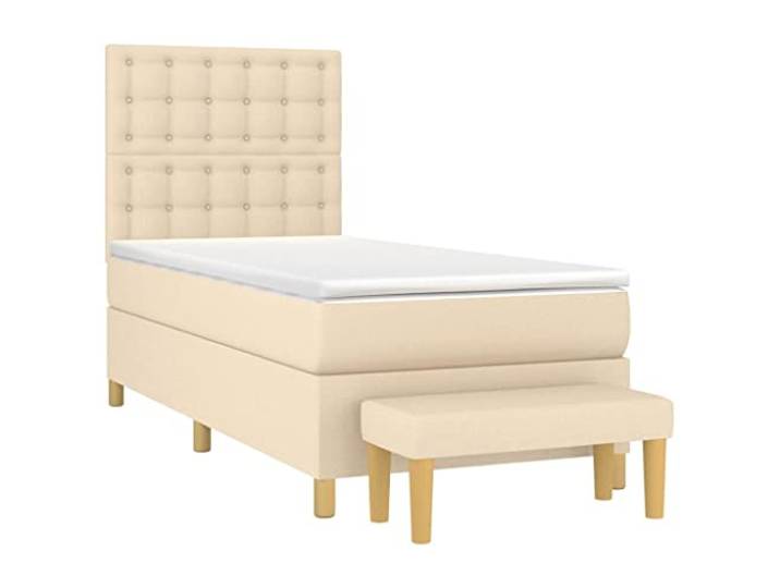KTHLBRH Boxspringbett mit Matratze Creme 90 x 190 cm aus Stoff Verstellbares Kopfteil, mittlere bis harte Unterstützung, inklusive Sitzbank, inklusive Matratzenbezug