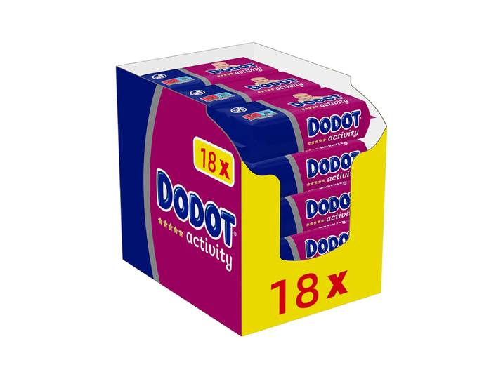Lingettes pour bébé Dodot, 972 lingettes, 18 paquets (18 formats Duplo x 54) – Protection maximale, pH naturel équilibré, texture extra douce et fibres végétales