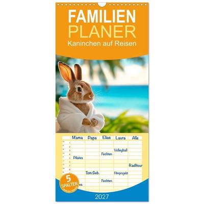 Familienplaner 2027 - Kaninchen auf Reisen mit 5 Spalten (Wandkalender, 21 x 45 cm) CALVENDO