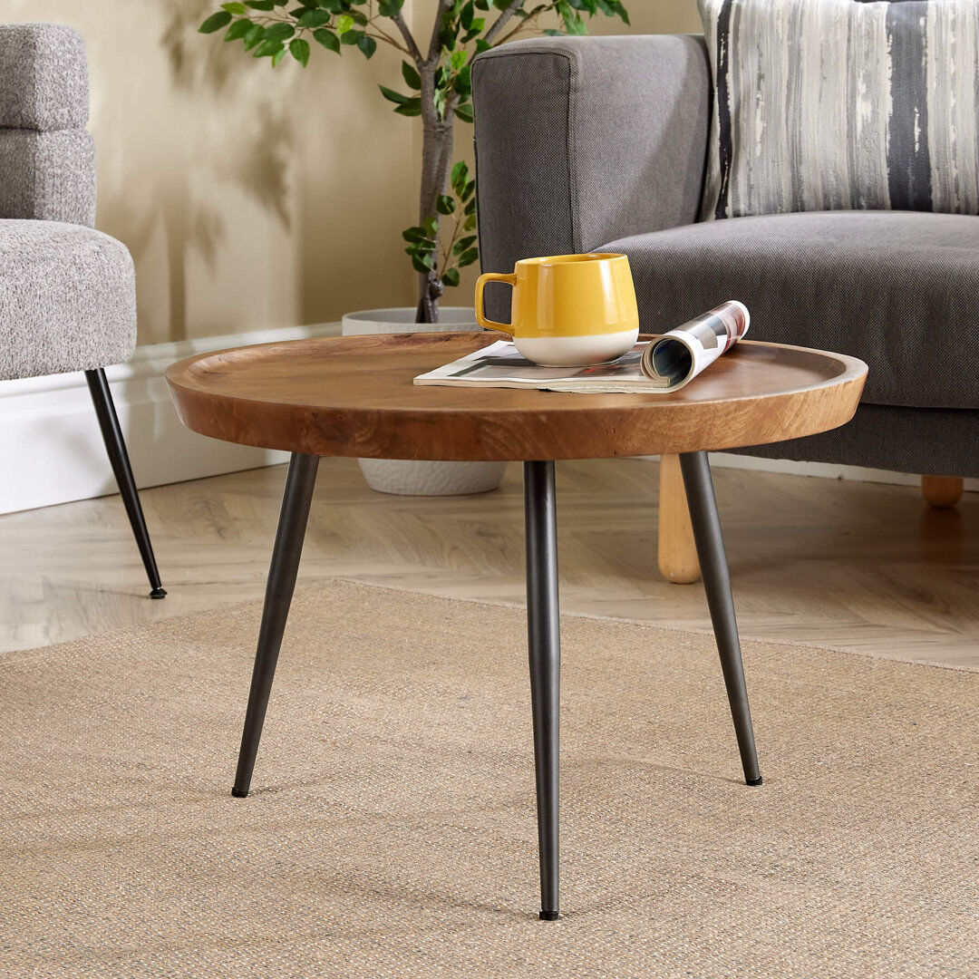 George Oliver Finzel Solid Mango Wood Industrial Round Coffee Table with Metal Legs Natural Wood 40cm H x 60cm W x 60cm L