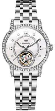 Everyday Crate OLEVS 7036 Womens Mechanical Watch Starry Sky Skeleton Dial Luminous Stainless Steel Dress Watch silver White