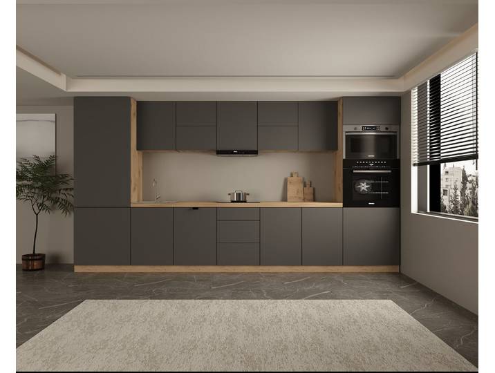 ROYAL24_MARKT Küchenzeile - KL12-M420 - Nexa Grau / Beige / Woodline Matt, (Komplett Set), Edles Material - Zeitlos - Elegant