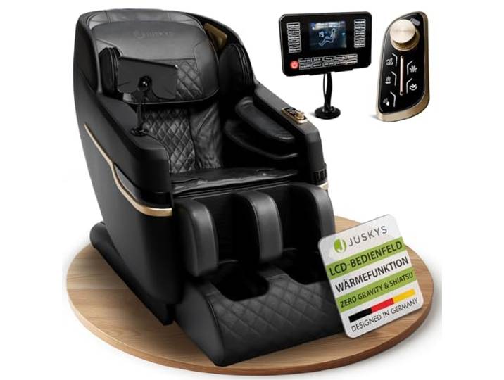 Juskys Massagesessel Naxos, elektronisch mit LCD-Bedienfeld, USB, Bluetooth, Airbags, Rollenmassage, Wärmefunktion, Fußverlängerung & Timer – Schwarz