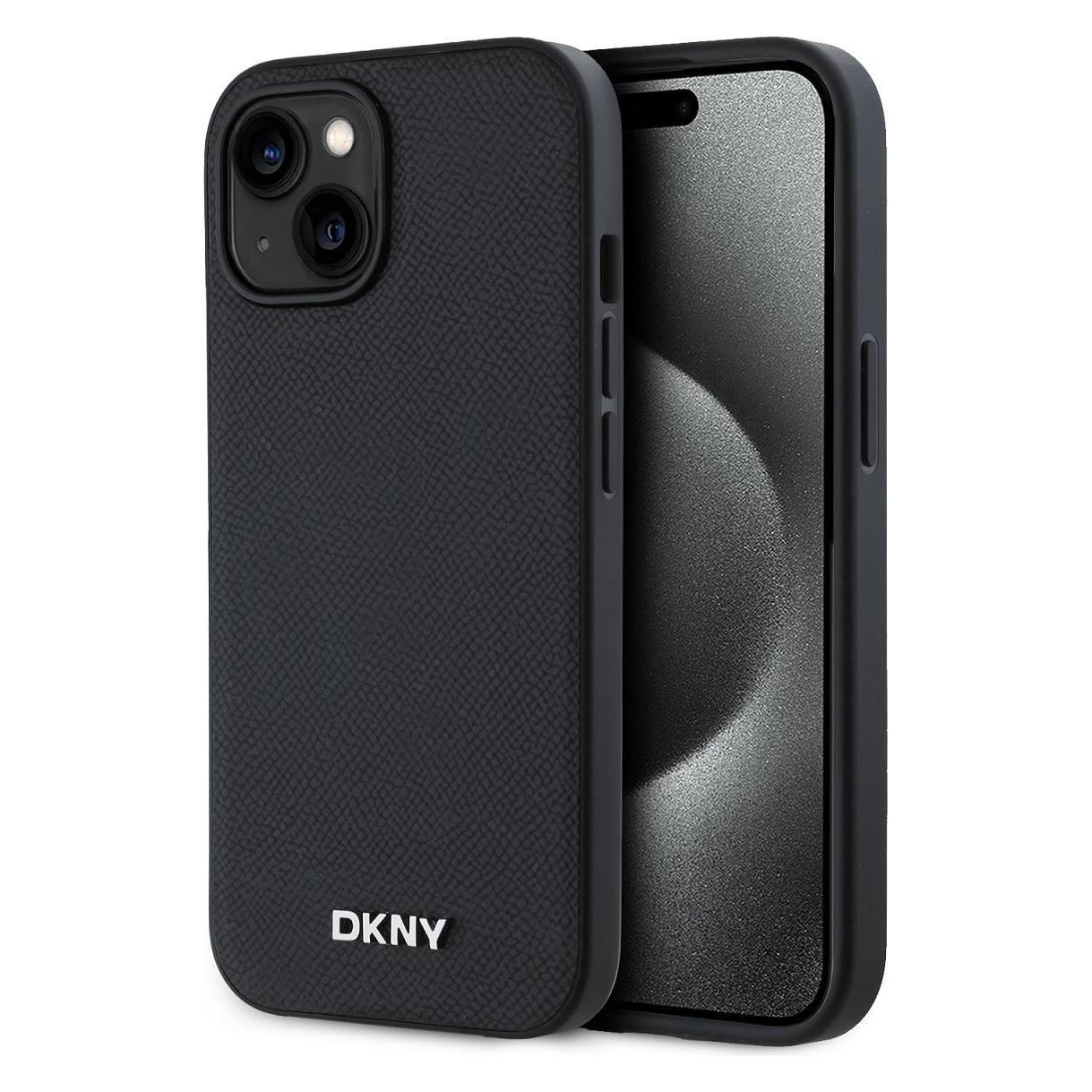 DKNY PU Leather Silver Metal Logo Magsafe Case for iPhone 14 Black (Apple iPhone 14) (DKHMP14SPGHLMK)