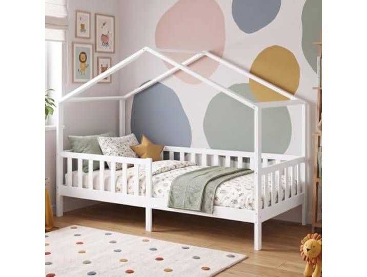 Bellabino Bia Kinderbett 90x200 cm, Hausbett, Weiß, mit Rausfallschutz Montessori Holzbett aus Massivholz Kiefer, mit Lattenrost, für Jungen & Mädchen, Kinderzimmermöbel, Bettgestell, Holzrahmen