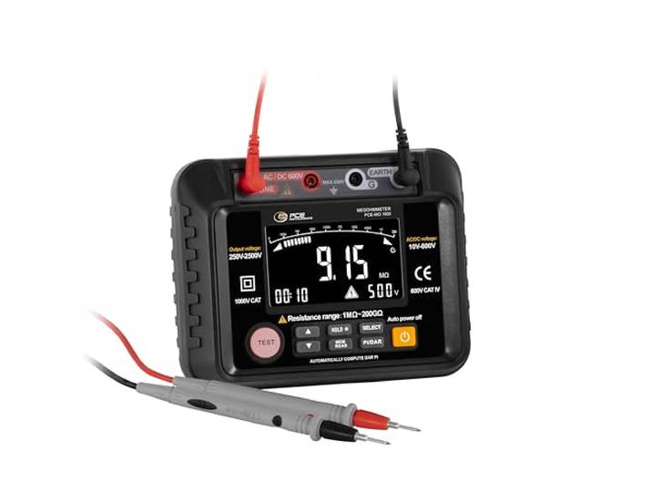 IsolationsVoltmeter PCE-MO 1500 mit internem Speicher/PI-, DAR- und Hold-Funktionen/automatische Abschaltung/Batteriebetrieben/3,7-Zoll-LCD-Bildschirm mit Hintergrundbeleuchtung. PCE Instruments