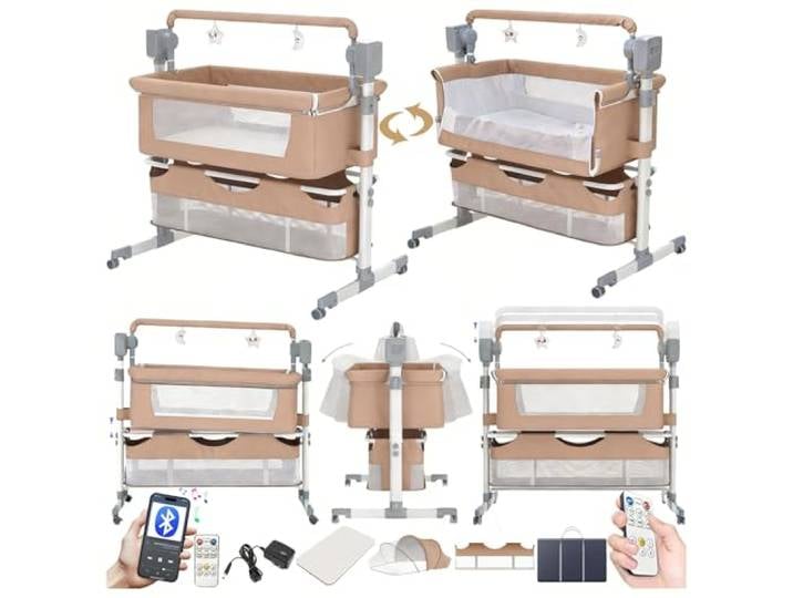 Magic ZC Elektrische Bluetooth Intelligent Beistellbett Baby mit Rollen, Faltbar Co-Sleeping Babybett, Stubenwagen Kleinkind Wiege mit Fernbedienung, Musik und 5-schwankende Zahnräder (601 Brown)