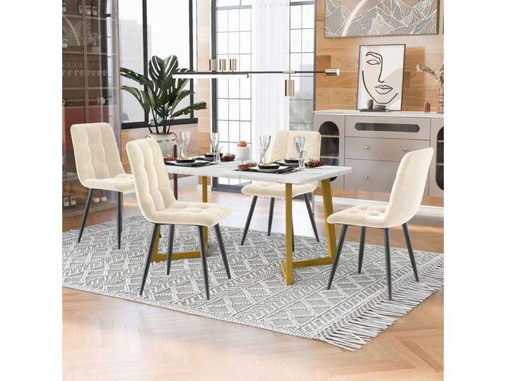 WUVRIE Ensemble table à manger 117 cm avec 4 chaises rectangulaire MDF effet marbre beige pieds dorés