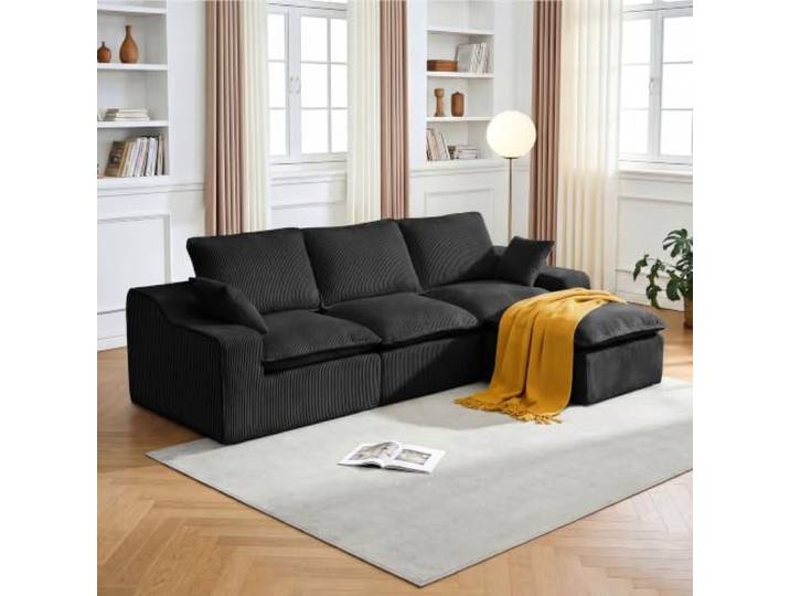 Vipbear Ecksofa, Modulares Sofa 273 cm breit, L-Form Sektionssofa 4-Sitzer mit Abnehmbarer Ottomane, Cloud-Sofa aus Cord mit Chaiselongue Links, L Sofa Couch für Wohnzimmer, Schwarz