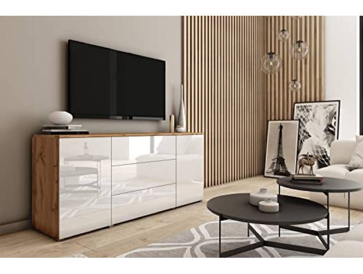 MINIO go for it - Kommode Parma Sideboard 150cm Breit mit dei Schubladen Push to Open System, Farbe: Wotan Eiche / Weiß Hochglanz
