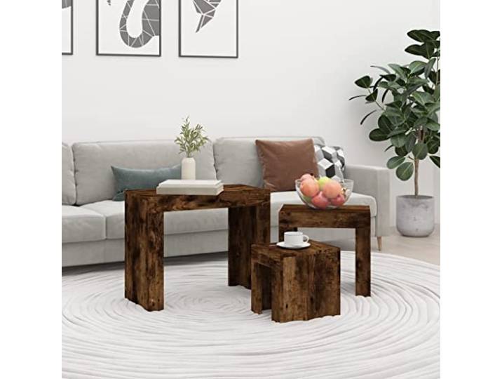 WHOPBXGAD Stapelbare Kaffeetische 3er Set Räuchereiche Holzwerkstoff Couchtische Beistelltische Nachttische platzsparend modernes Design Wohnzimmer Schlafzimmer
