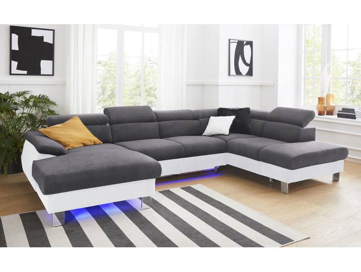 Wohnlandschaft, Microfaser PRIMABELLE, Weiß, 320 cm, U-Form, Kopfteilverstellung, Cotta