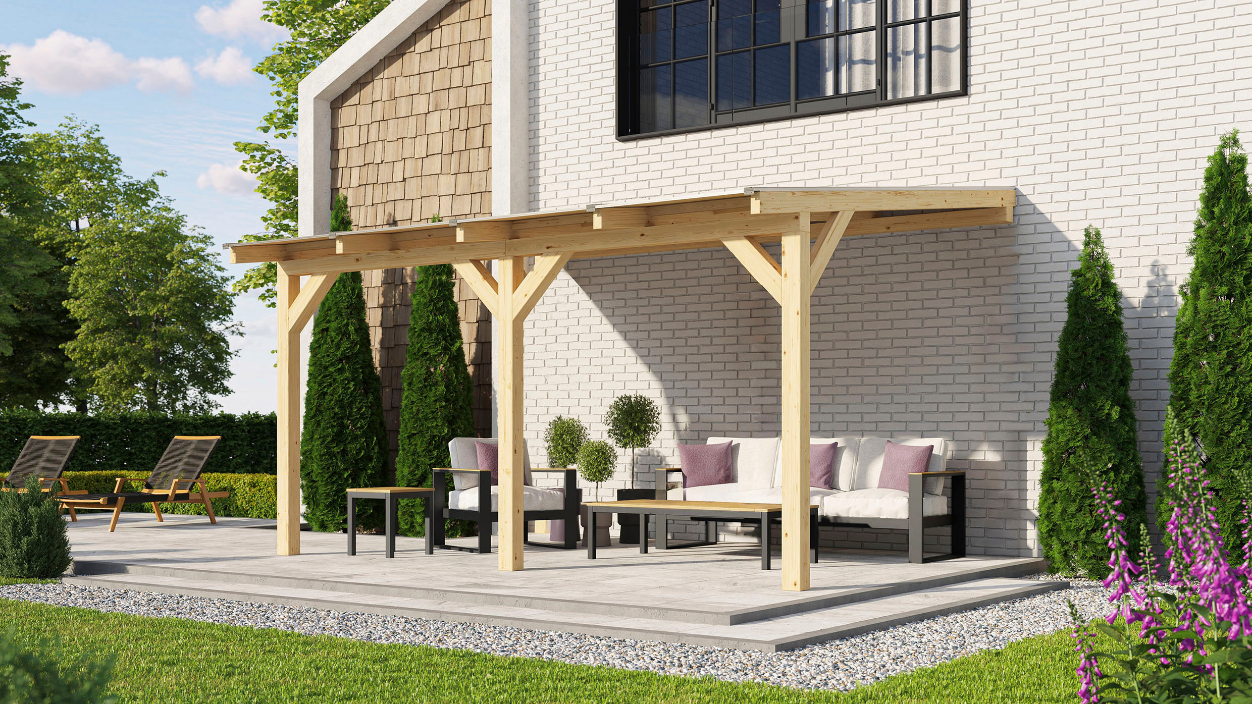 Terrassendach WEKA "Terrassenüberdachung aus verzugssteifem Leimholz", beige (naturbelassen), B:348cm T:322cm, Fichtenholz, Polycarbonat (PC), Terrassenüberdachungen, Terrassendach, direkt farblich behandelbar, inkl. Befestigungs- und Dichtungsmaterial