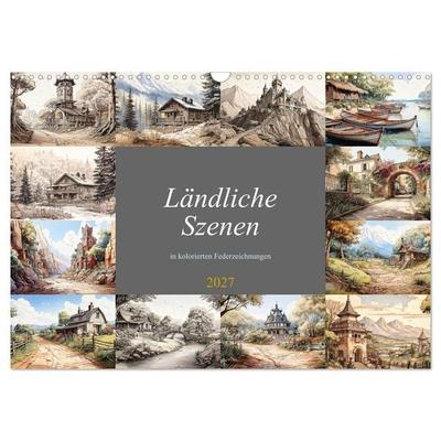 Ländliche Szenen in kolorierten Federzeichnungen (Wandkalender 2027 DIN A3 quer), CALVENDO Monatskalender