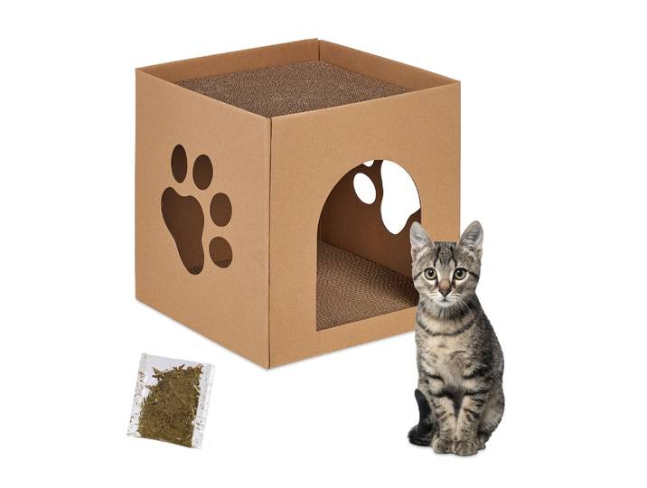 Katzenhaus Pappe mit Kratzbrett Hellbraun