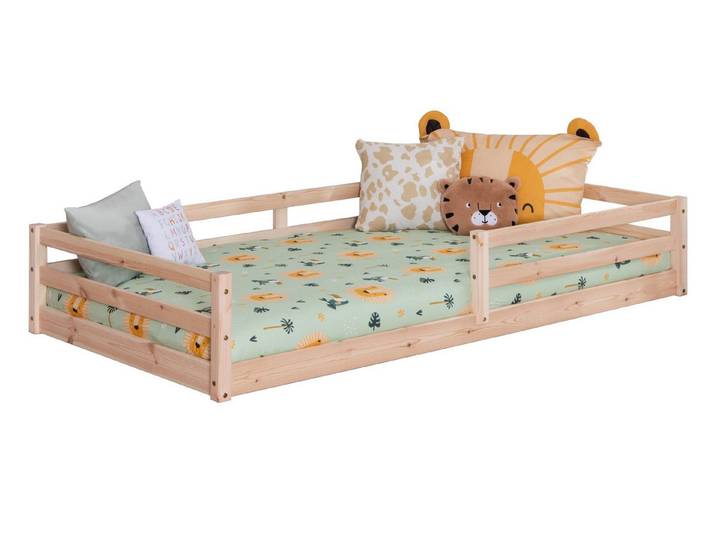 Ticaa Kinderbett, Neo Hausbett Bodenbett mit Rausfallschutz 150kg, inkl. Lattenrost & abnehmbarem Rausfallschutz, 100x200, Natur