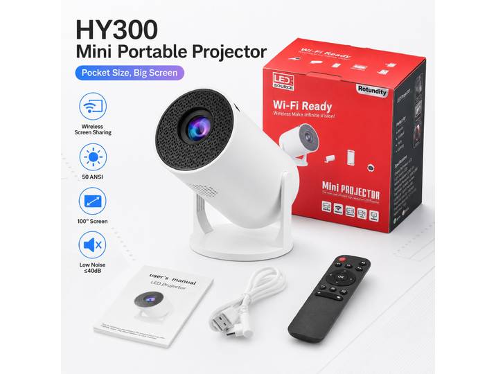 Mini projecteur HY300 50ANSI LED, projecteur portable, écran 100 pouces, mise en miroir sans fil, projecteur vidéo 1080P pour cinéma maison