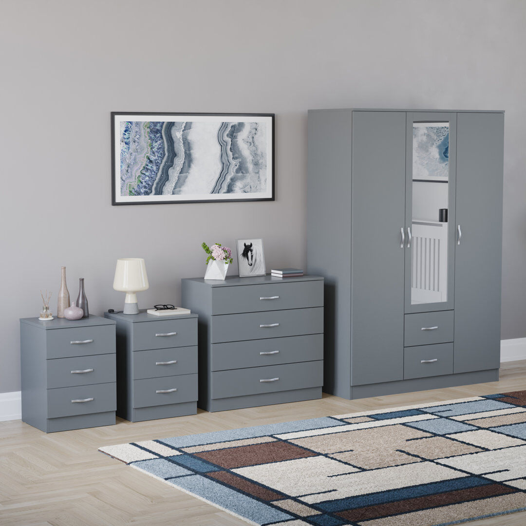17 Stories Tayce 4 Piece Bedroom Set (3 Drawer Bedside Chest X2, 4 Drawer Chest, 3 Door 2 Drawer Mirrored Wardrobe) Grey