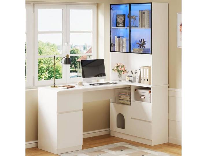 Bureau avec Rangement et Etagere Table Bureau Blanc pour Études et Chambre Ado Bureau d'angle avec étagère et vitrine LED