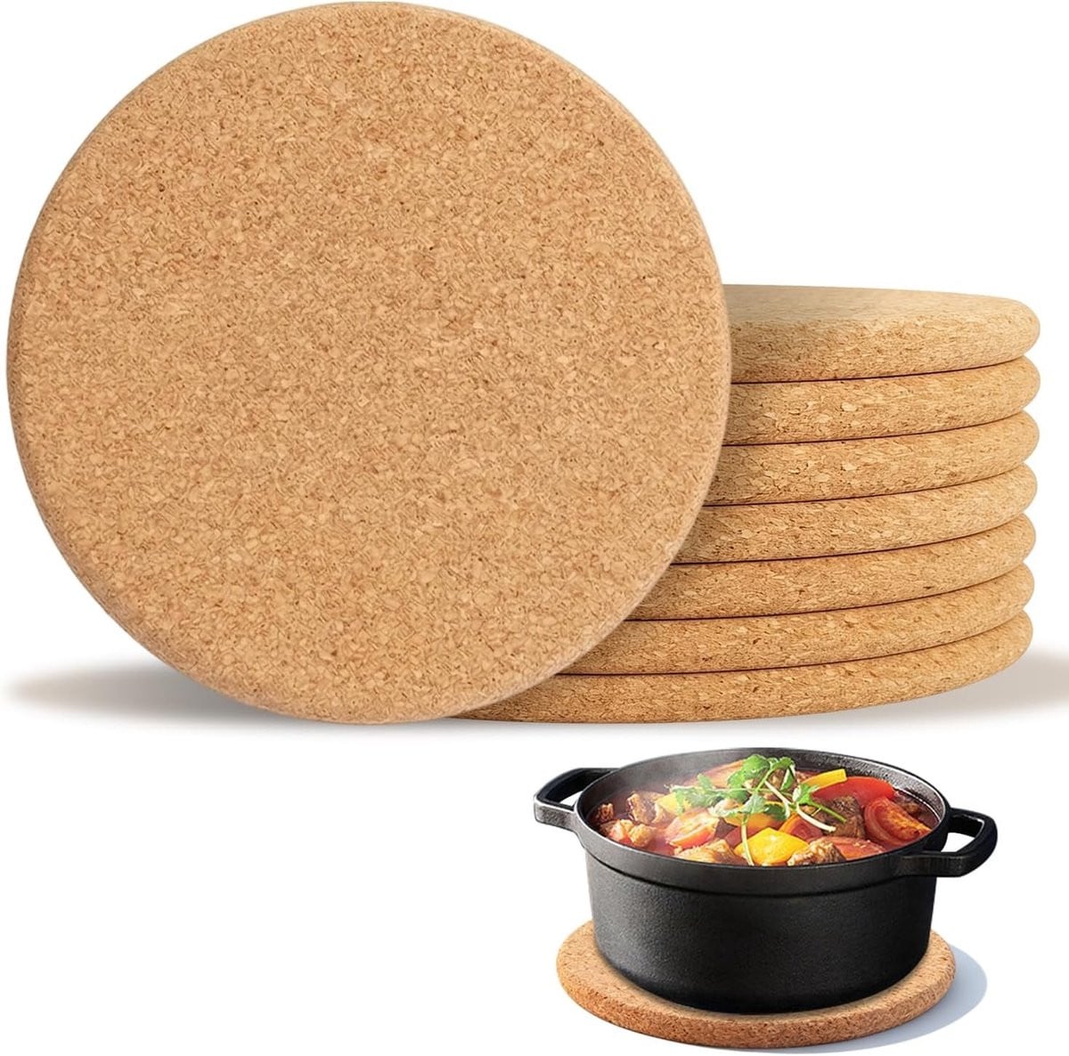 Set van 8 hittebestendige kurken onderzetters van 19 cm voor jouw keuken en eettafel