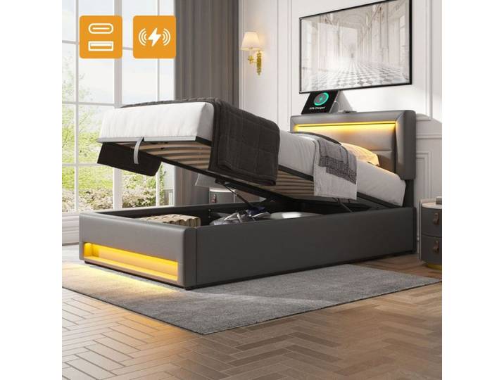 Lit 90x190 avec sommier et connexion USB lit coffre 90x190 avec éclairage LED et espace de rangement Lit simple sans