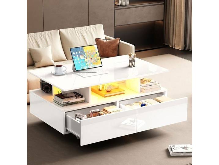 Table basse brillant 90x55x41cm Table basse salon moderne bois avec éclairage LED 2 tiroirs - blanc