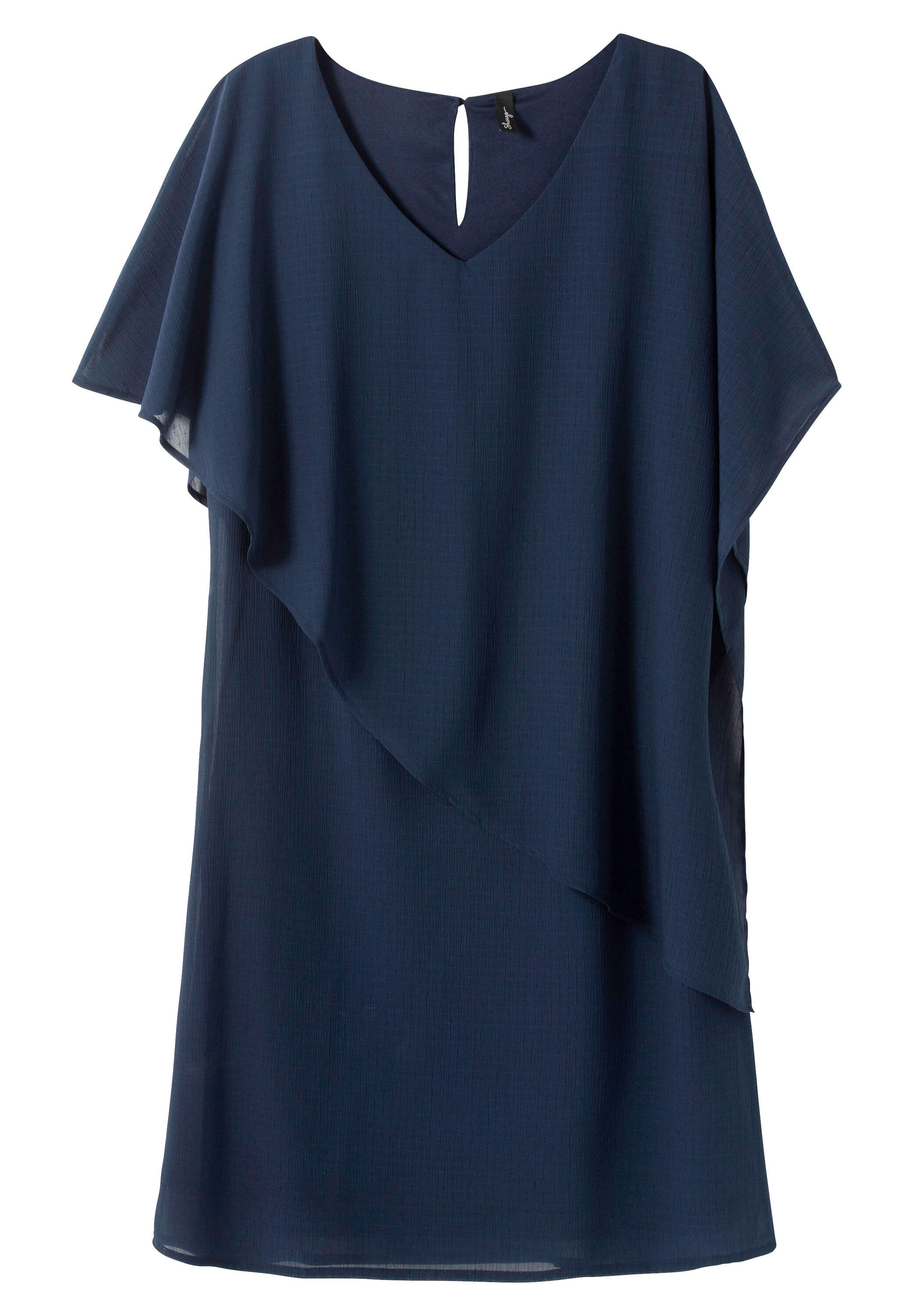 Cocktailkleid SHEEGO "Cocktailkleid Cocktailkleid aus Chiffon", Damen, Gr. 48, marine, Elegant, V-Ausschnitt, Kleider Cocktailkleid, mit asymetrischem Cape